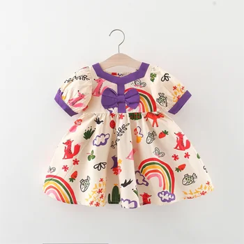 Платье для девочки 0-3 лет, летнее украшение в виде банта с радужным животным принтом, юбка свободного кроя с короткими рукавами