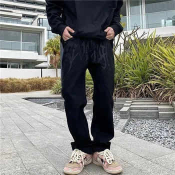 Уличные мужские прямые брюки свободного кроя, черные Джинсы, Брюки с вышивкой буквами Y2K, Повседневные универсальные брюки в стиле хип-хоп Ретро