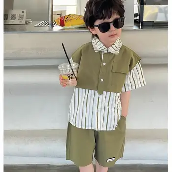 Детская одежда для мальчиков Модная детская рубашка в полоску и стиле пэчворк с короткими рукавами и шорты из 2 предметов Детские комплекты