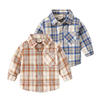 Клетчатые рубашки для мальчиков, хлопковые топы для малышей, верхняя одежда с длинными рукавами для детей, детская одежда