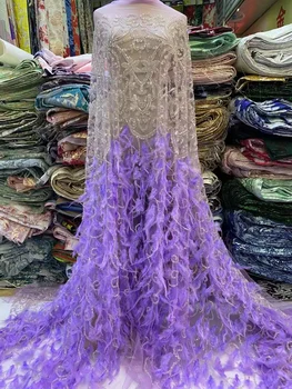 Новейшая фиолетовая кружевная ткань из африканских перьев С вышивкой пайетками, 5 ярдов Нигерийских тюлевых кружев, ткани для шитья QF0810