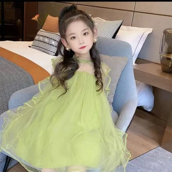 Корейское зеленое платье для девочек, детская модная праздничная пачка, повседневное платье, одежда, детские наряды, Летние Свадебные платья на День рождения принцессы
