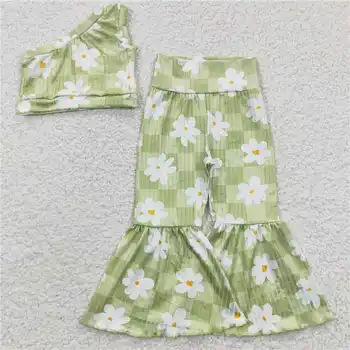 GSPO0524, летний брючный костюм с одним рукавом для девочек белого и зеленого цветов, зеленый пит-бар, одежда для маленьких девочек, повседневная бутиковая одежда