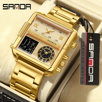 SANDA Роскошные Оригинальные мужские спортивные наручные часы, золотые кварцевые стальные водонепроницаемые часы с двойным дисплеем, Relogio Masculino Для мужчин