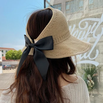 Летние женские солнцезащитные шляпы С большими полями, классическая складная модная соломенная шляпа с бантом, повседневная уличная пляжная кепка для женщин, шляпа с защитой от ультрафиолета