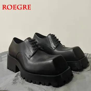 Модные в Париже мужские кожаные туфли на высоком каблуке с широкой головкой, британские дизайнерские тонкие туфли-дерби в стиле ретро с наклоненной головой, женские