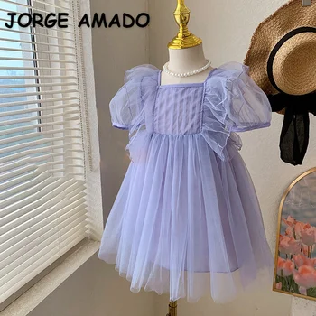 Новое летнее платье для маленькой девочки с квадратным воротником, короткими расклешенными рукавами, однотонное фиолетовое сетчатое платье принцессы, детская одежда E5332
