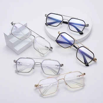 Модные очки с защитой от синего света для мужчин и женщин, прозрачные линзы, двойные балки, многоугольная оправа, компьютерные очки, Плоские зеркальные очки