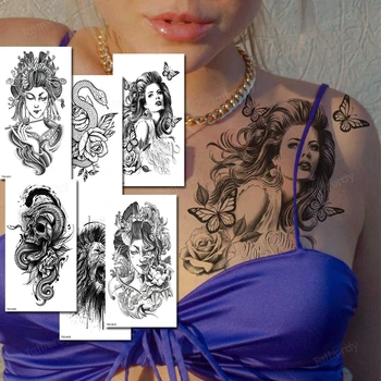 поддельная татуировка с переносом воды черное аниме лев, тигр, король, королева, сексуальный боди-арт, змея, временные татуировки, татуировка на груди, руке, плече, мужчины