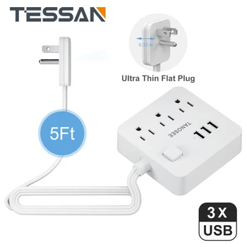 TESSAN 6 в 1 Плоская Вилка Power Strip с 3 Розетками переменного тока и 3 USB-портами, Мини-Тонкая Настенная Вилка Power Strip с удлинителем длиной 5 Футов
