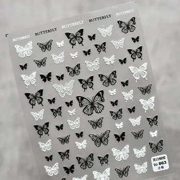 Элегантная черно-белая бабочка 5D с мягким рельефным тиснением, самоклеящиеся наклейки для дизайна ногтей, наклейки для маникюра.