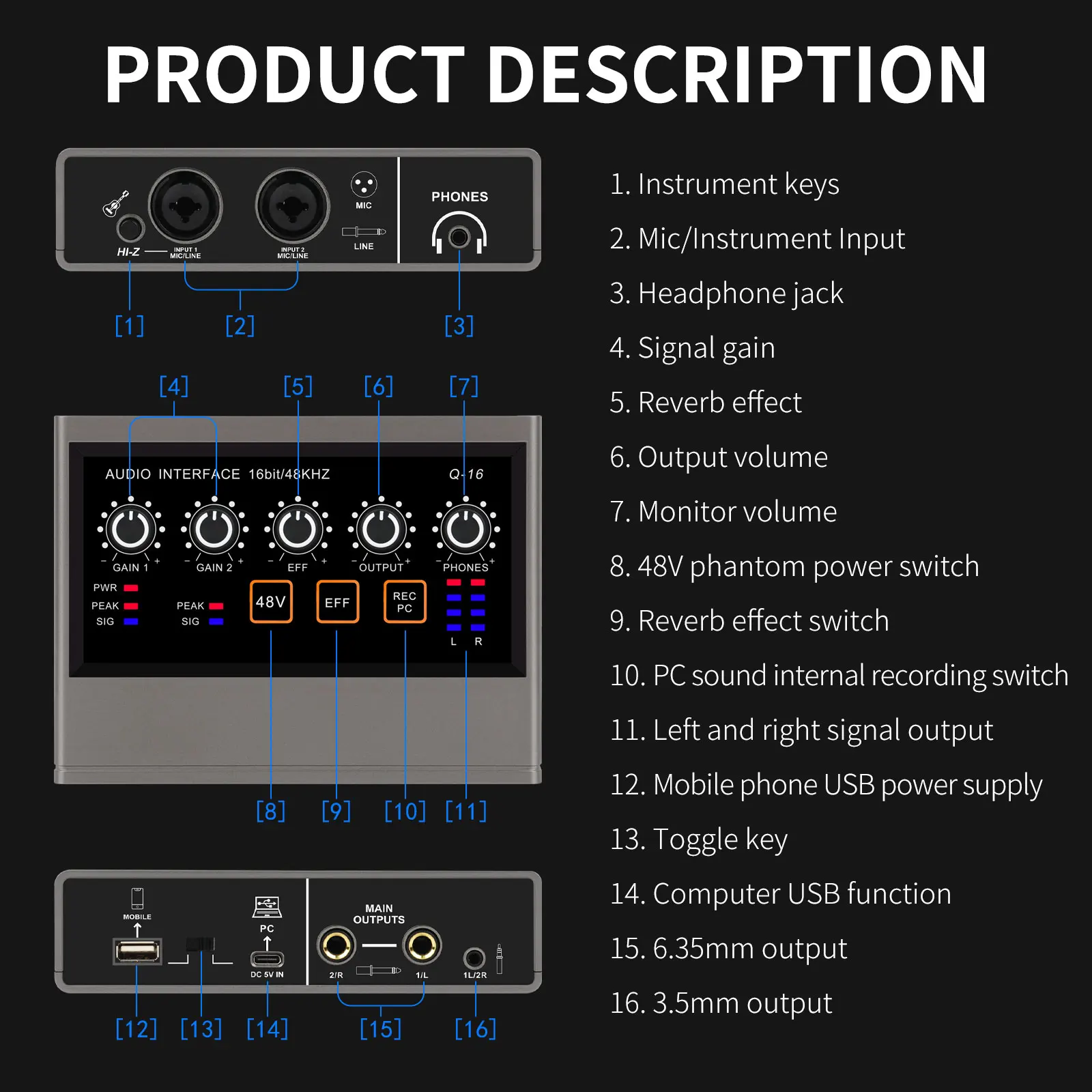 Профессиональный Аудиоинтерфейс XTUGA Q16 Mini Mono USB Звуковая Карта с Мониторингом 2-Канального Аудиомикшера Для Начинающего Студийного Пения