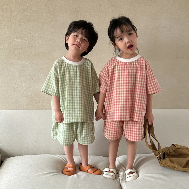 deer jonmi 2023 Летняя Детская Одежда в клетку, Топы и шорты с короткими рукавами, 2 шт., комплекты повседневной пижамы для малышей в корейском стиле, 2 шт.