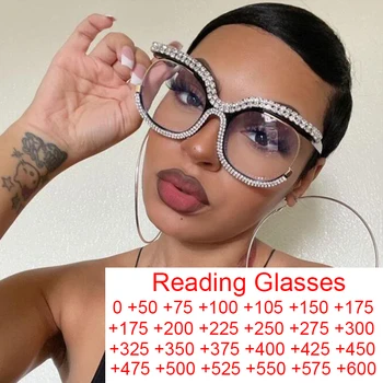 Стразы Негабаритные Квадратные Очки для чтения Женская Полукадра Модные очки с прозрачными линзами Женские очки с синим светом