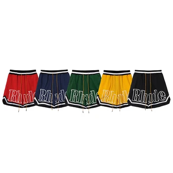 Сетчатые шорты RHUDE с эластичным шнурком с буквенным принтом для мужчин и женщин, черные, синие, желтые, зеленые, красные брюки, винтажные, лучшее качество