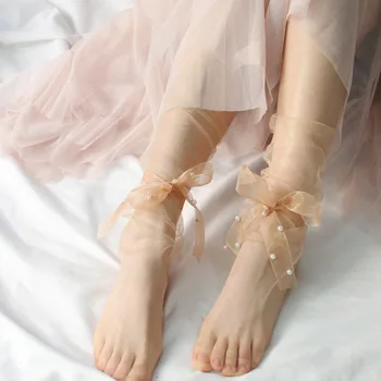 Женские кружевные носки из сетчатой пряжи для девочек с жемчужным бантом
