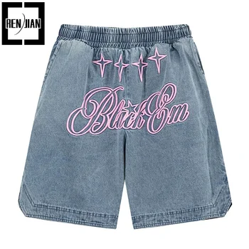 Мужские модные короткие джинсы в стиле хип-хоп с буквенной вышивкой, уличная одежда, Летние джинсовые шорты Harajuku с эластичной талией.