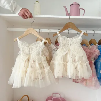 2023 Летнее тюлевое платье для младенцев, платье принцессы-пачки с крыльями и цветами для маленьких девочек, сетчатый сарафан без рукавов для малышей, одежда для новорожденных