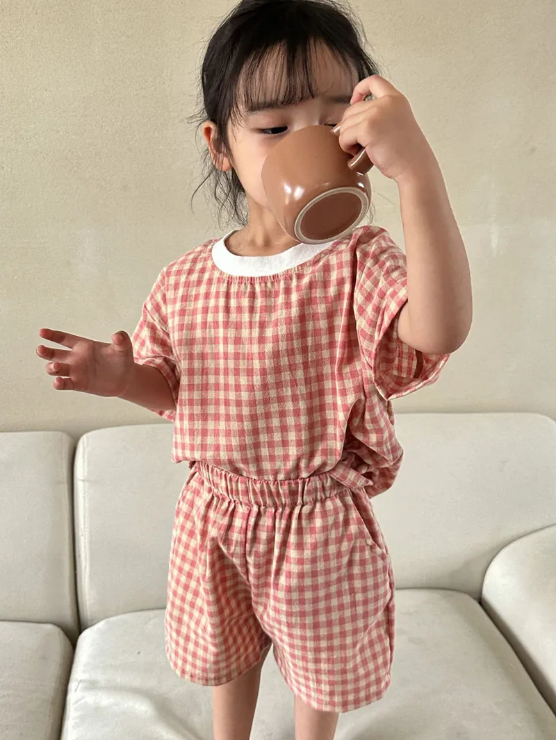 deer jonmi 2023 Летняя Детская Одежда в клетку, Топы и шорты с короткими рукавами, 2 шт., комплекты повседневной пижамы для малышей в корейском стиле, 2 шт.