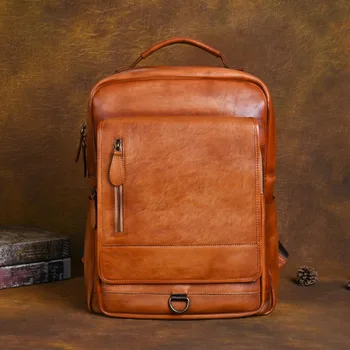 Мужской рюкзак из натуральной кожи ручной работы, Деловая мужская 15,6-дюймовая сумка для ноутбука, Повседневные рюкзаки, дорожные сумки большой емкости, школьная сумка для колледжа.