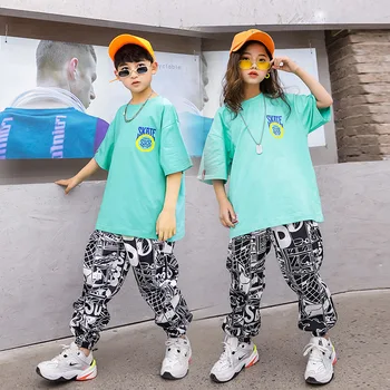 Ребенок хип-хоп одежда зеленый топ свободного покроя улица письме Jogger брюки для девочки мальчика для танцев костюм одежда набор