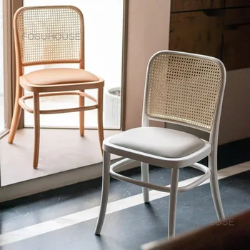 Белые стулья для гостиной со спинкой из ротанга, Одноместный Средневековый обеденный стул, мебель для дома из массива бука, Скандинавское кресло с откидной спинкой