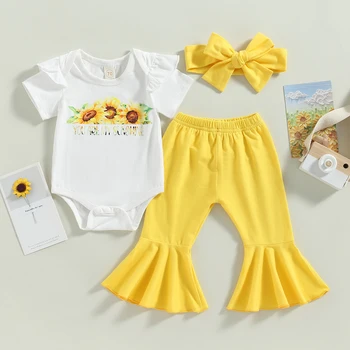 Комплекты одежды для новорожденных девочек ma & baby 0-18 м, комбинезон с цветочным рисунком Подсолнуха, расклешенные Брюки, Повязка на голову, Летние Наряды D01
