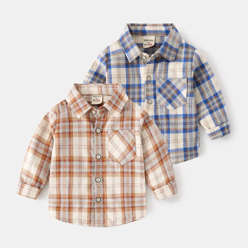 Клетчатые рубашки для мальчиков, хлопковые топы для малышей, верхняя одежда с длинными рукавами для детей, детская одежда