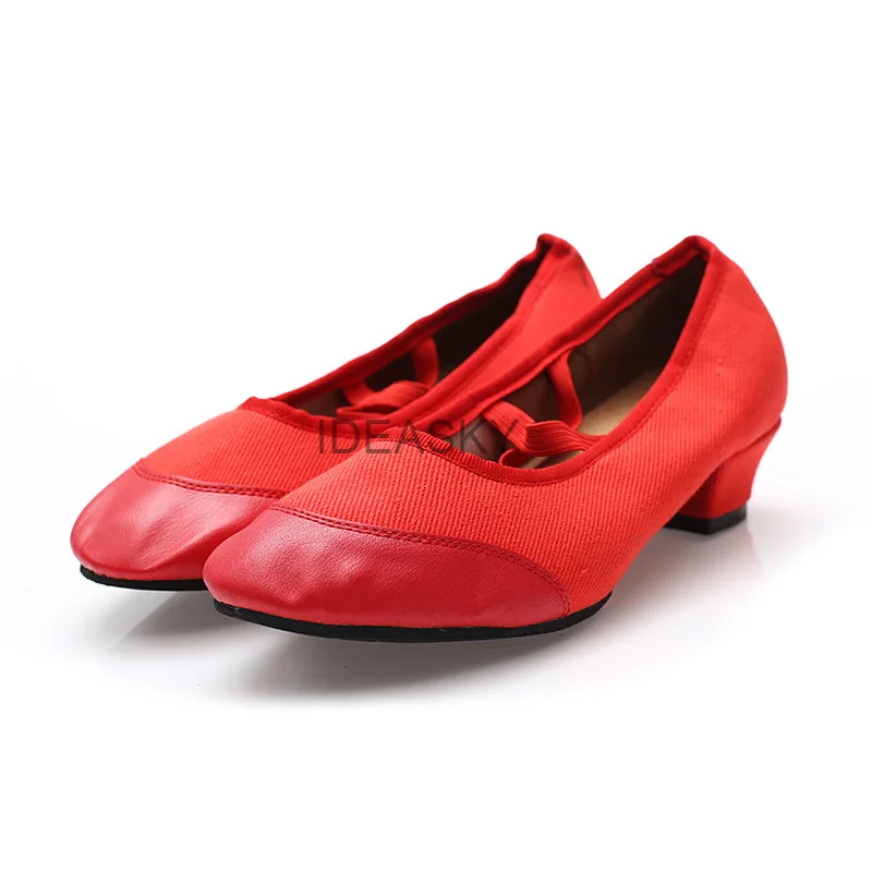 Парусиновые танцевальные туфли из свиной кожи для женщин, кожаные туфли для девочек на среднем каблуке, женские балетные танцевальные туфли для учителей йоги живота, танцевальные туфли для учителей
