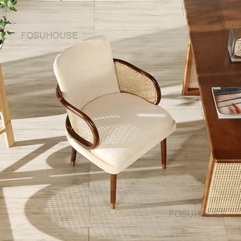 Скандинавские тканевые стулья для гостиной Дизайнерская мебель для дома Кресло с ленивой спинкой Обеденный стул из массива дерева для отдыха Диван-кресло из ротанга