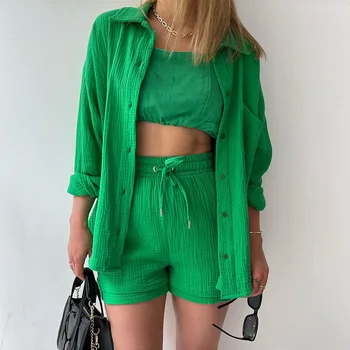 Зеленая рубашка и шорты, комплект из 2 предметов для женщин, блузка с длинным рукавом, костюм с летними брюками, Хлопковая домашняя одежда, одежда для отдыха
