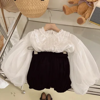 Весенне-осеннее платье, новый корейский шифоновый кукольный топ с длинными рукавами и пышными рукавами, универсальные шорты в виде тыквы, детская одежда из двух предметов для девочек