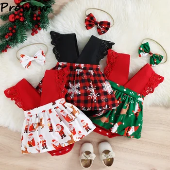 Prowow My First Christmas, Детская одежда, Комбинезон с Рождественским принтом для девочек, Кружевное Красное Рождественское Боди, Новогодний костюм для ребенка
