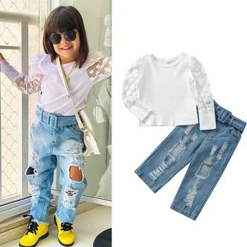 FOCUSNORM/ Комплекты модной одежды для маленьких девочек из 2 предметов от 1 до 5 лет, трикотажные топы в горошек с длинными рукавами + Синие Рваные штаны с дырками