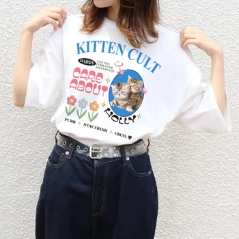 Kawaii Корейская модная футболка с котенком большого размера, футболка с милым пастельным котом, Гранж, Y2k, Эстетические графические топы, Женская одежда