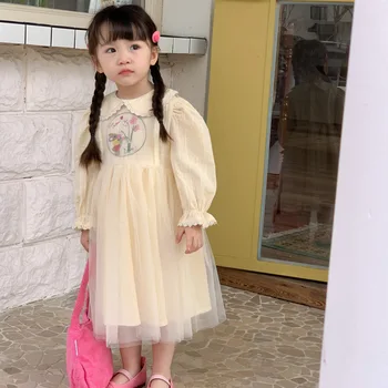 Платье из пряжи с вышивкой на шее для кукол корейских девочек 2023, Весеннее новое милое детское платье принцессы