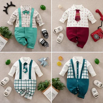 Одежда для мальчиков, Весенний новый детский комбинезон в клетку, джентльменский мужской костюм для ползания ребенка