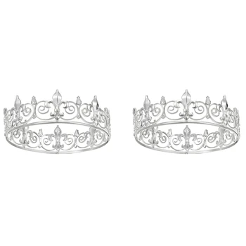 2X Королевская корона для мужчин - Металлические короны и диадемы для принцев, круглые шляпы для вечеринки по случаю дня рождения, средневековые аксессуары (серебро)