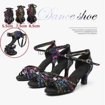 Черные разноцветные радужные женские туфли для латиноамериканских танцев, бальные туфли для танцев на высоком каблуке, мягкие вечерние туфли для танго Сальсы, женские сандалии для девочек