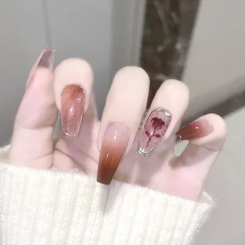 Балетные накладные ногти с полным покрытием, цветок розовой винной розы, дизайн ногтей с ореолом, накладные ногти, советы по маникюру