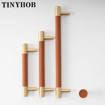 Ручки из кожи Tinyhob + латунь для шкафов и выдвижных ящиков, ручки для шкафов-комодов, выдвижные ручки для мебели коричневого цвета