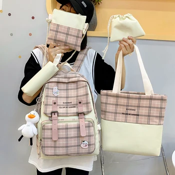 5шт Корейских женщин Школьная сумка для девочек Милый рюкзак для студентов-подростков Клетчатые школьные сумки большой емкости Kawaii Школьный рюкзак