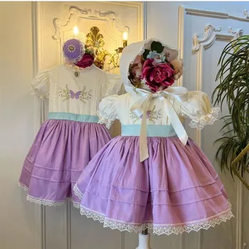 От 0 до 12 ЛЕТ, Летняя Фиолетовая цветочная вышивка, Турецкое винтажное бальное платье принцессы Лолиты, платье для Дня рождения, Повседневное, Ид
